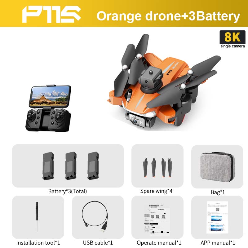 P11S Drone, FTS Orange drone+3Battery 8K singe camera
