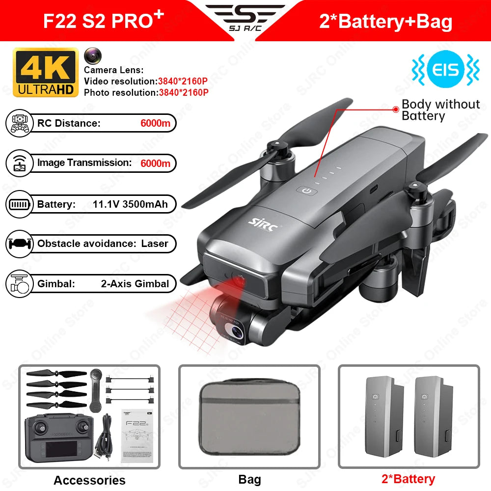 SJRC F22 S2 Pro + Drone, SJRC F22 S2 Pro Drone features 4K camera, long-range obstacle avoidance, and includes extra batteries and carrying case.