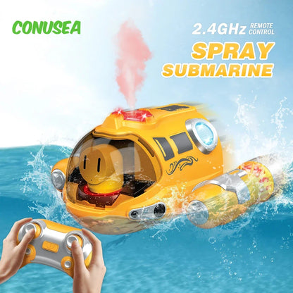CONUSEA RC Boat, Waterproof 2.4GHz remote-controlled spray submarine with 25m range, 20-minute runtime, and 3.7V 500mAh battery.