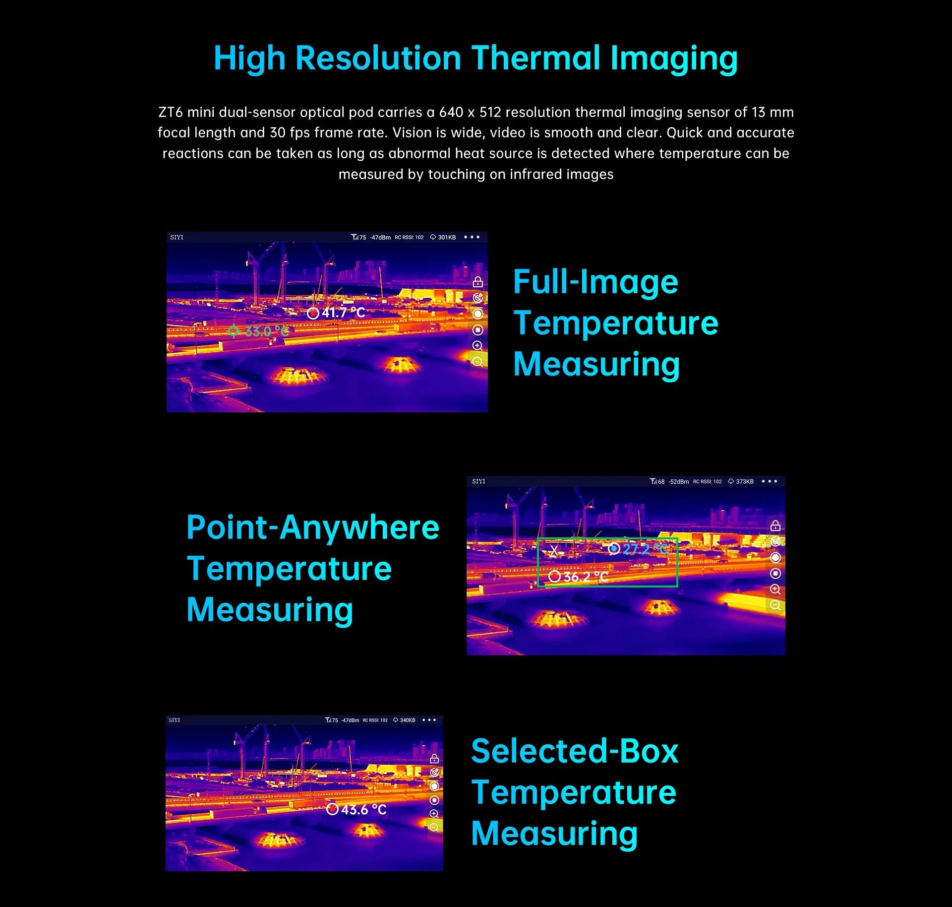 SIYI ZT6 Mini Dual Sensor Optical Pod, High-resolution thermal imaging sensor for detecting abnormal heat sources and measuring temperatures.