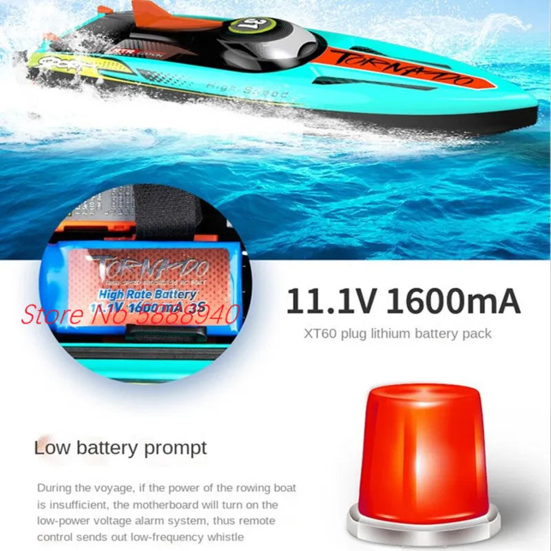 Tccicadas S002 Brushless Waterproof RC Boat, Tornado RC boat: 80km/h, brushless motor, 2.4G, 200m range, waterproof, LED lights, capsize reset, 11.1V battery with low-battery whistle, RTR, 48cm hull.