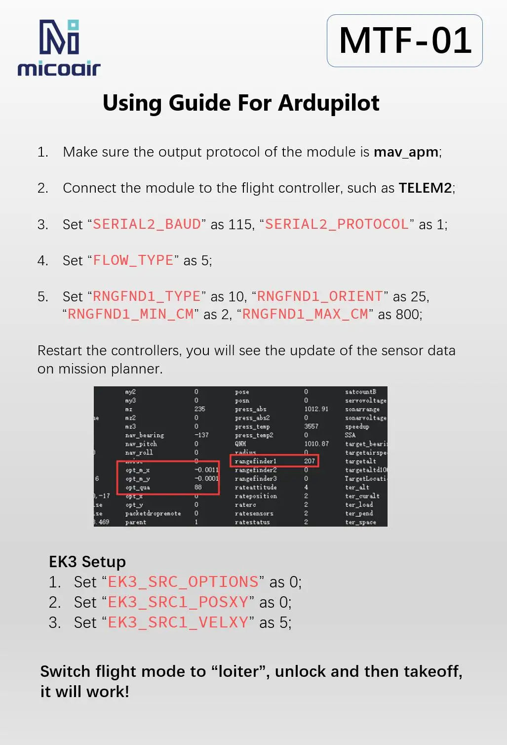 MTF-01 MicoAir Optical Flow Lidar Sensor, Configure MicoAir Optical Flow Lidar Sensor settings for Ardupilot/PX4/INAV: protocol, baud rate, flow type, and range finder settings.