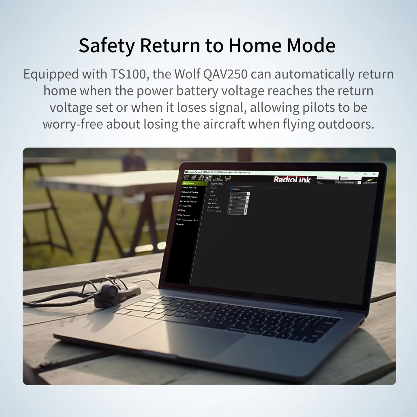 Radiolink Wolf QAV250 GPS FPV, The Wolf QAV250 drone with TS100 automatically returns home when battery is low or signal is lost, ensuring safe outdoor flights, with RadioLink interface shown on a laptop.