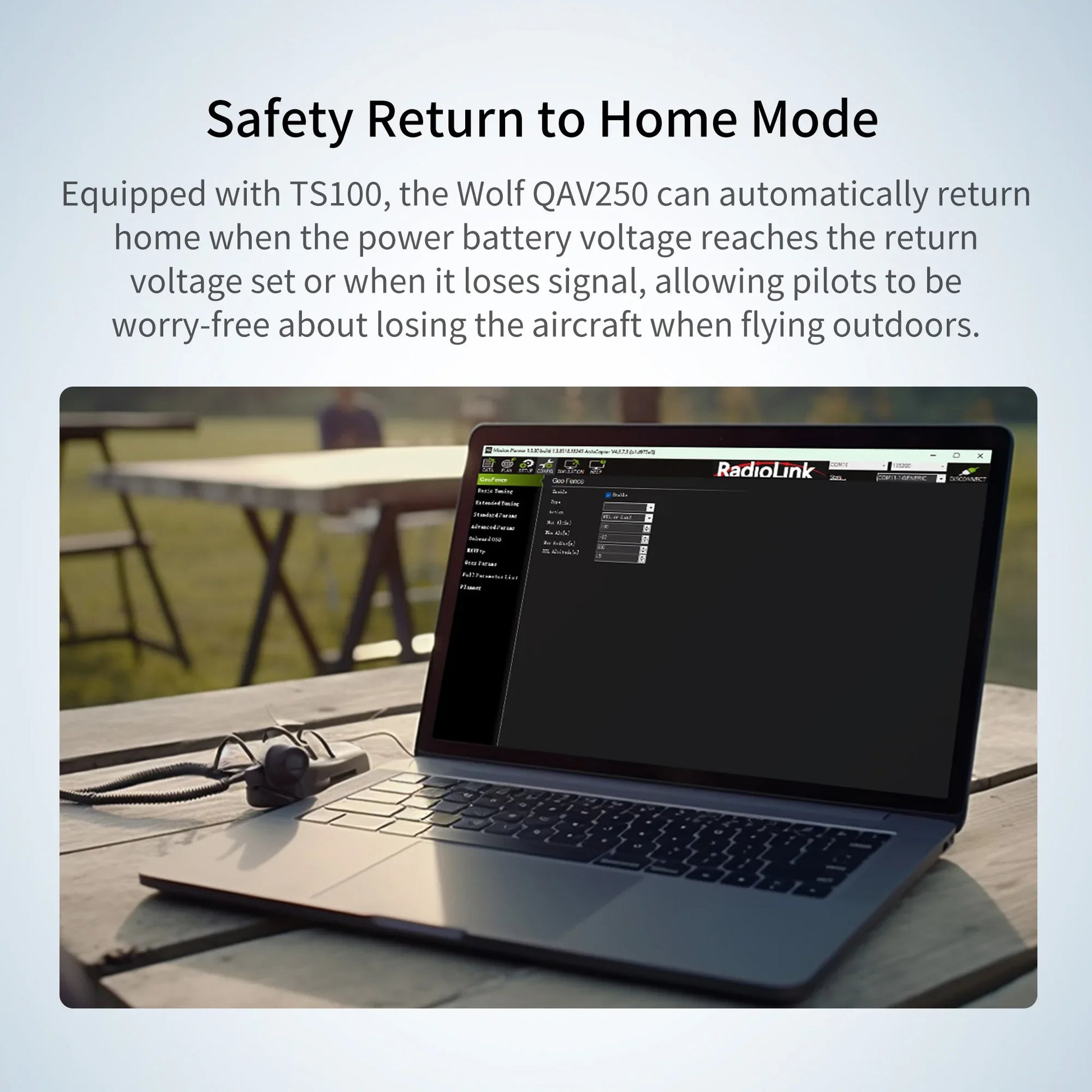 Radiolink Wolf QAV250 GPS FPV, The Wolf QAV250 drone with TS100 automatically returns home when battery is low or signal is lost, ensuring safe outdoor flights, with RadioLink interface shown on a laptop.