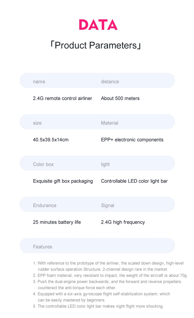 G2 RC airliner Glider - 2 Channel Remote Control Aircraft Hand Throwing Radio Control Plane Foam Resistant Outdoor Airplane Toys 20 G2 RC airliner Glider, the 2.4G remote control airliner weighs about 70g . it has a
