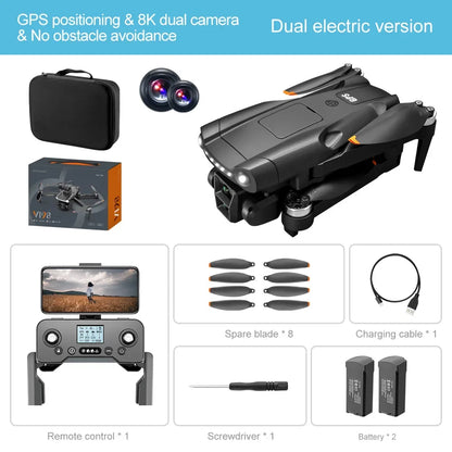 V198 MAX PRO Drone, High-tech device with GPS positioning and dual camera capabilities, plus additional features like spare blade, charging cable, remote control, screwdriver, and battery.