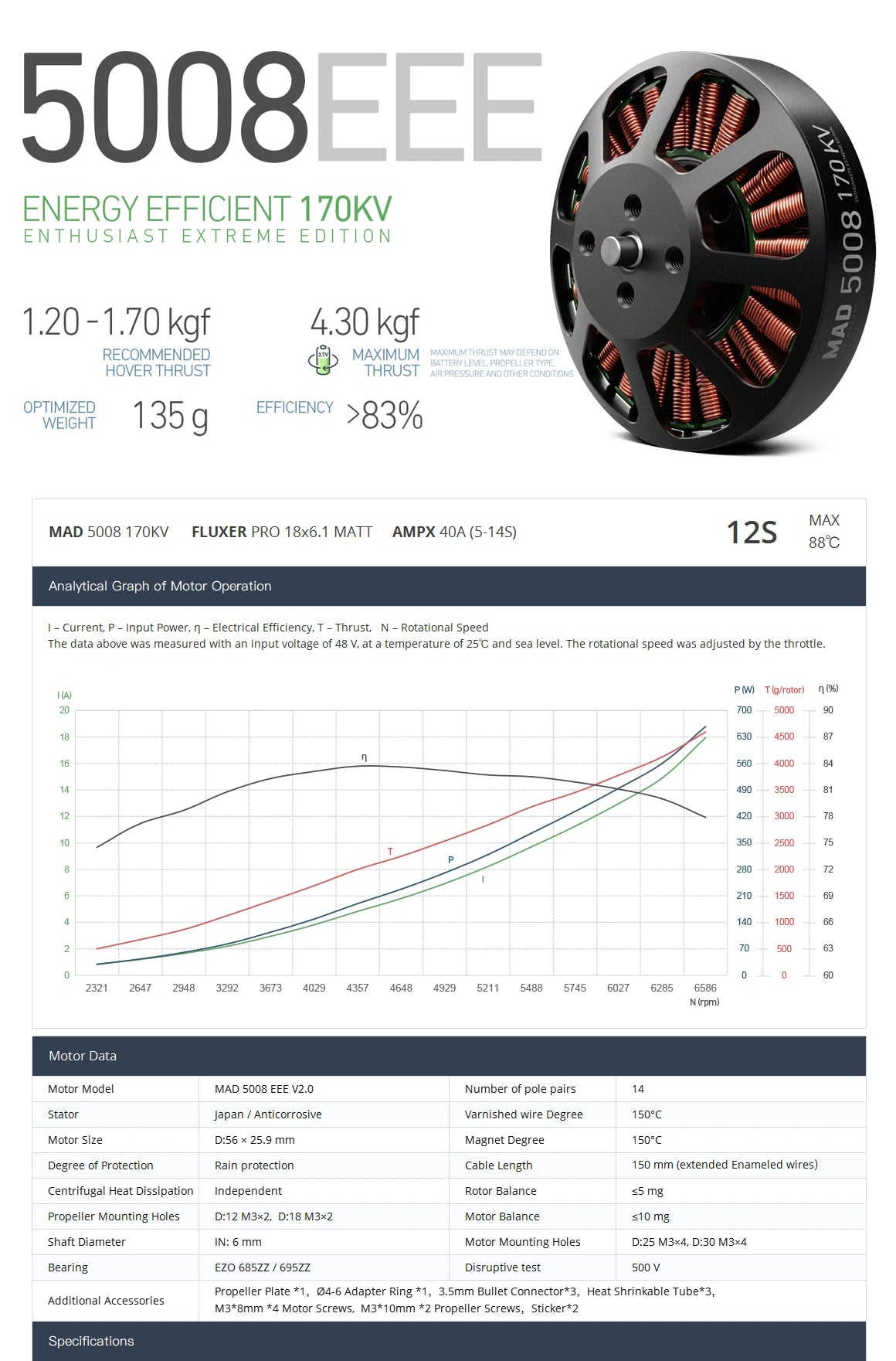 MAD 5008 EEE V2.0 Drone Motor, MAD 5008 drone motor for agricultural protection, suitable for brushless motors with KV values of 170, 240, or 300.