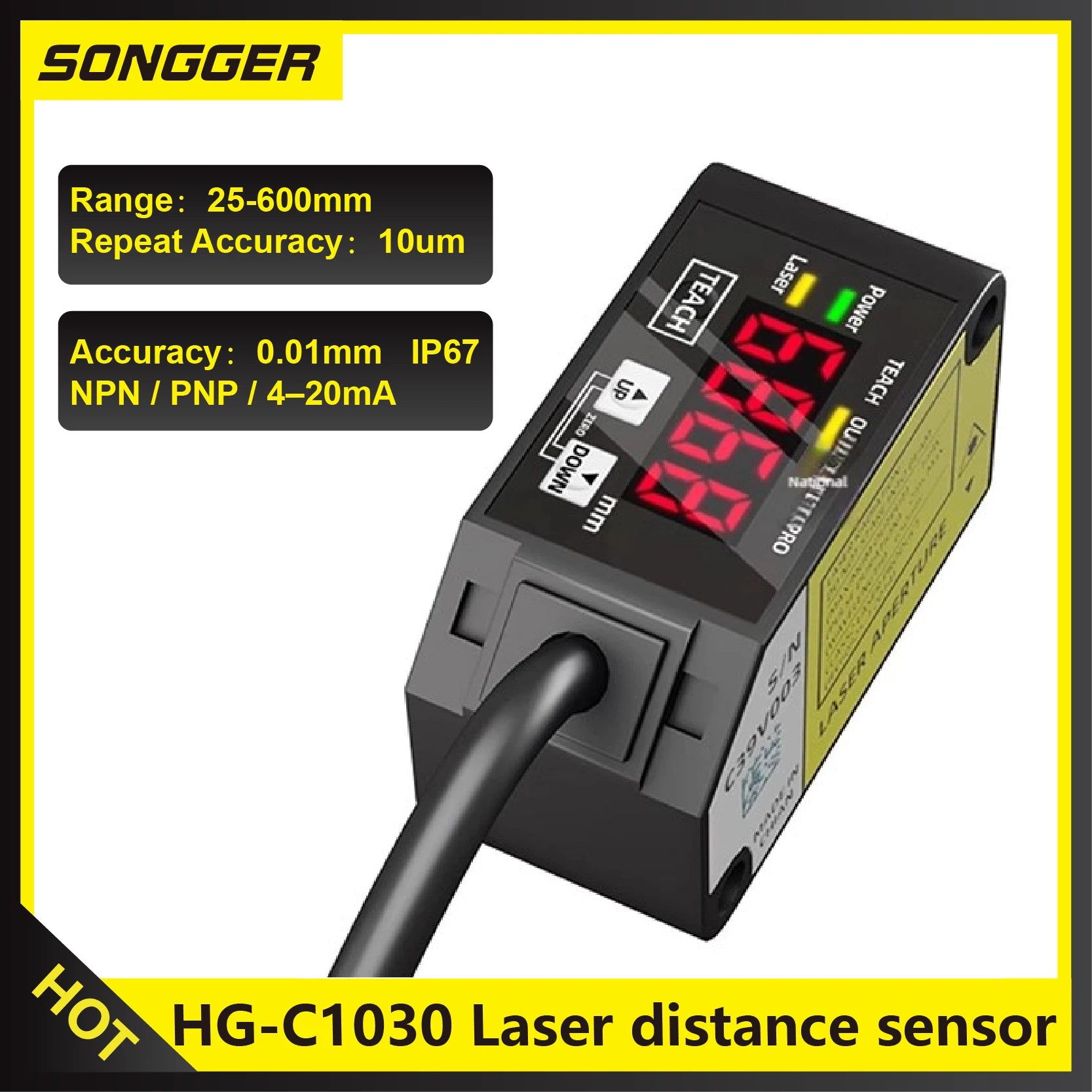 HG-C1030 Laser Distance Sensor for Displacement/Thickness, Analog 0-5V/4-20mA, PNP/NPN, IP67, Fast 1.5-10 ms