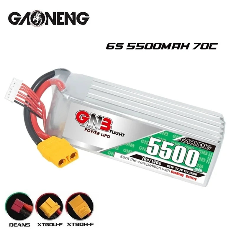 GaoNeng GNB 6S 22.2V 5500mAh Lipo Battery, GNB 6S 22.2V 5500mAh LiPo battery for FPV drones: high-performance and reliable for competitive flying.