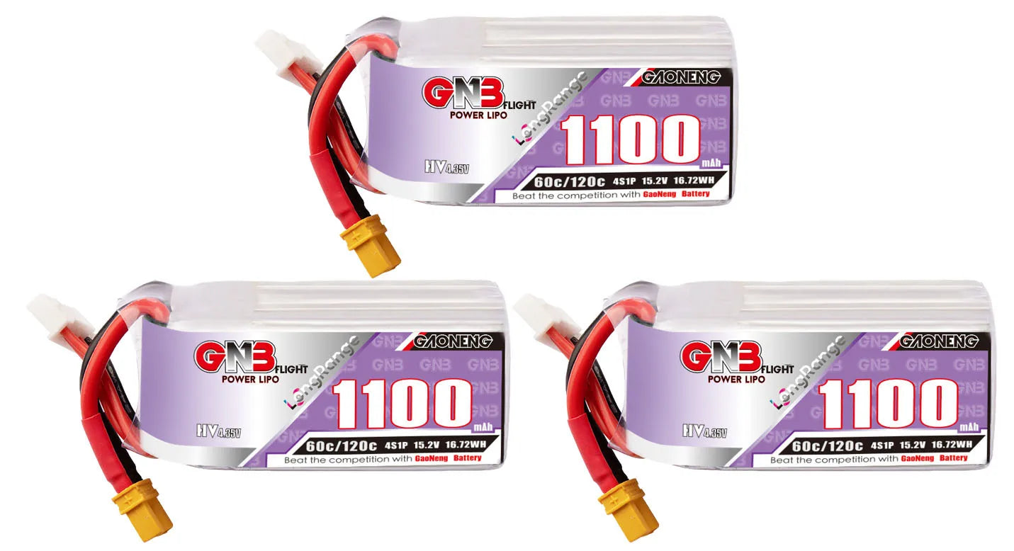 A high-performance drone battery with specifications: GNB 15.2V 4S HV 1100mAh 60C/120C LiPo for RC Helicopters and Quadcopters.