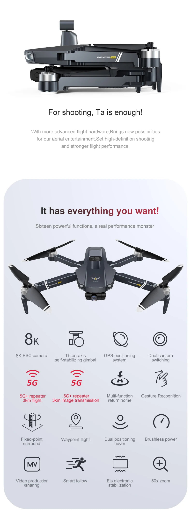 8819 pro Drone, MV Video production Smart follow Eis electronic 50x zoom Isharing stabil