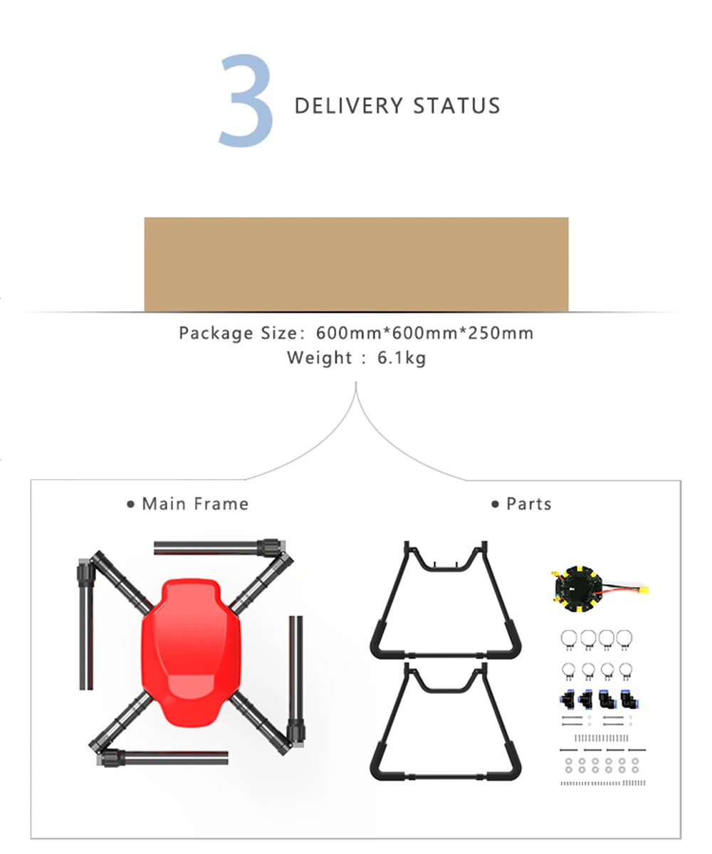 DreamEagle X4-10 kit includes eight identical frame components for agricultural spraying drone, measures 600mm*600mm*250mm and weighs 6.1kg.