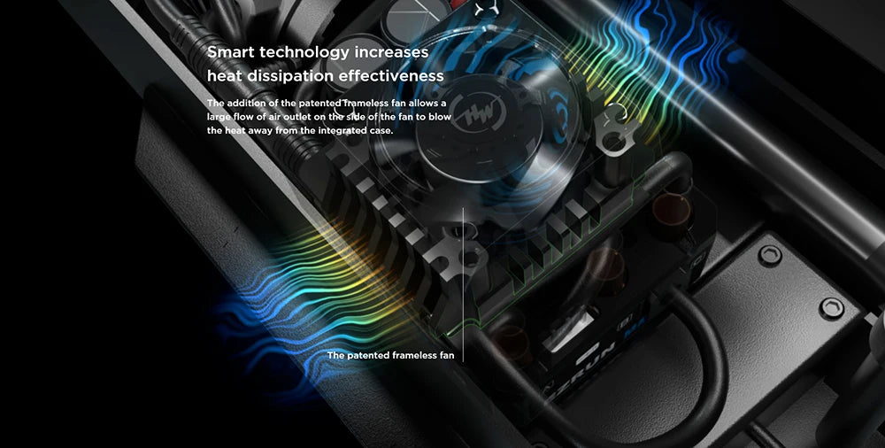 patented frameless fan allows largo flow of air outlet on tho sido