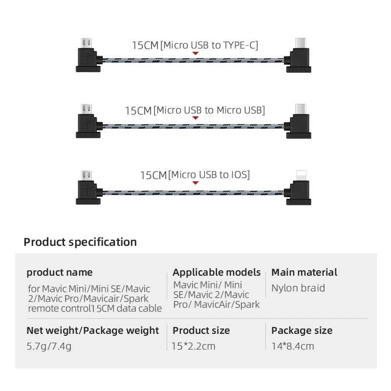 OTG Data Cable for DJI Mavic 2/Mini/SE/Pro/Air/Spark Drone Remote Control to Phone Tablet Micro USB Type-C IOS Connector Line 28 Product name Applicable models Main material for Mavic Mini/ Mini SE/Mavic