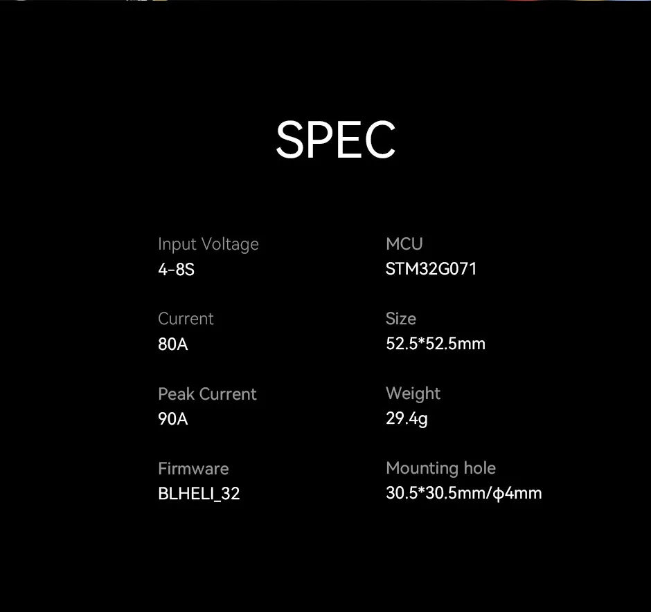 T-MOTOR C 80A C80A 4IN1 ESC, SPEC Input Voltage MCU 4-8S STM32GO71 Current Size 80