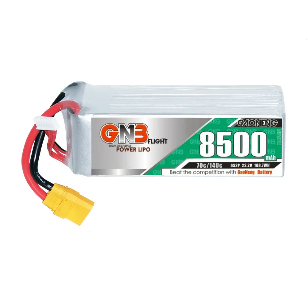 GaoNeng GNB 6S 22.2V 8500mAh 70C/140C Lipo Battery, High-performance 8500mAh lithium-polymer battery for RC quadcopters and FPV drones.