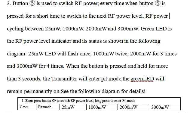 5.8G 3W VTX, green LED is the RF power level indicator and its status is shown in the following diagram: