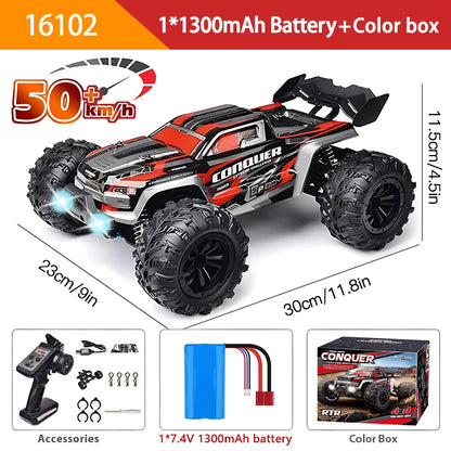 1:16 4WD RC Car, 1:16 scale 4WD RC car with 50+ km/h speed, brushed motor, LED lights, metal drivetrain, 2.4GHz remote, off-road drift truck, includes 1300mAh battery.