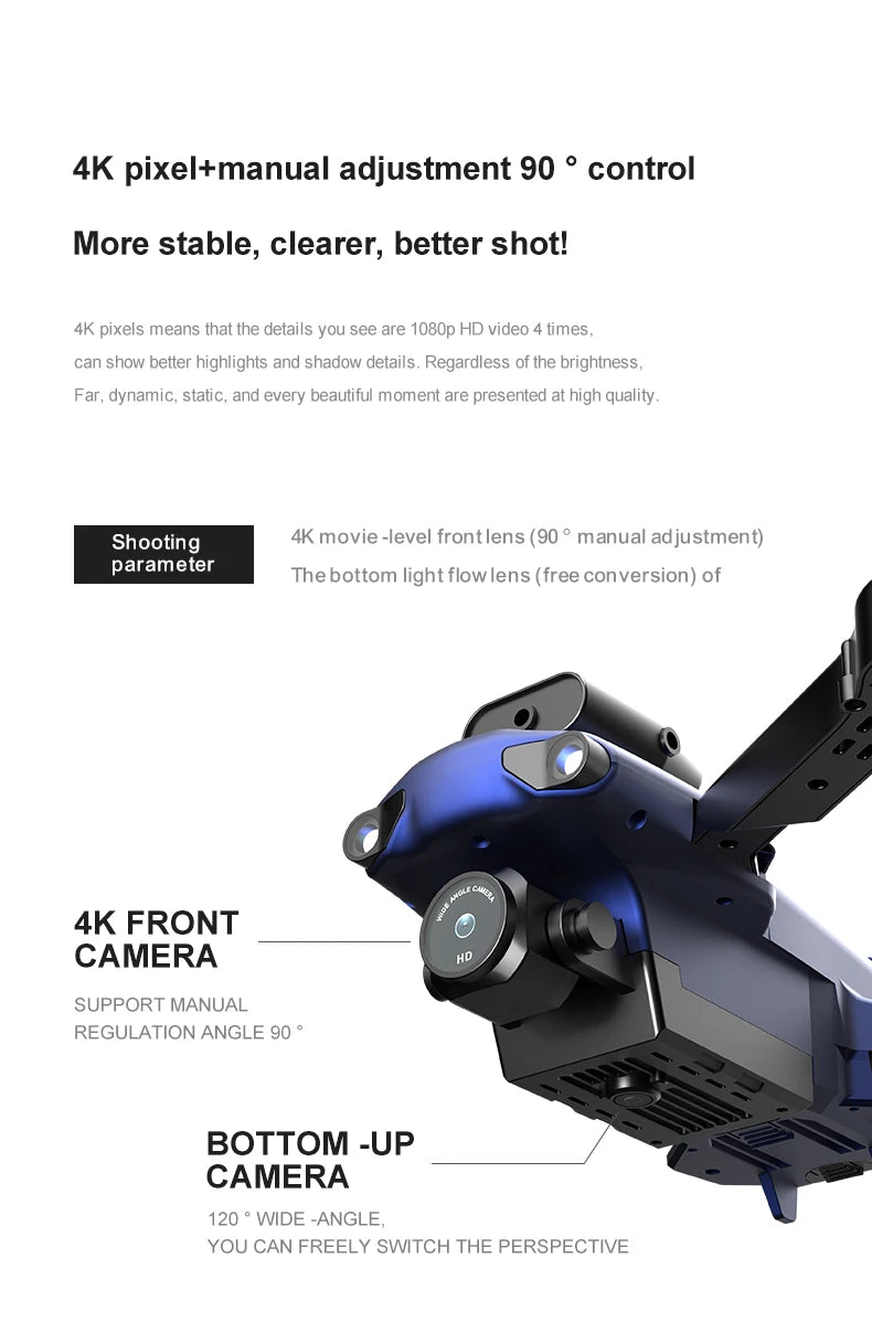 Novo 809 Drone, 4k pixel+manual adjustment 90 control more stable; clear