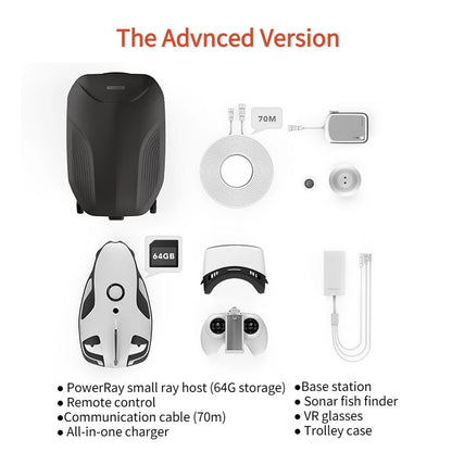 PowerVision PowerRay Underwater Camera Drone, PowerRay drone kit includes 64GB storage, VR glasses, sonar, 70m cable, remote, charger, base station, and trolley case.