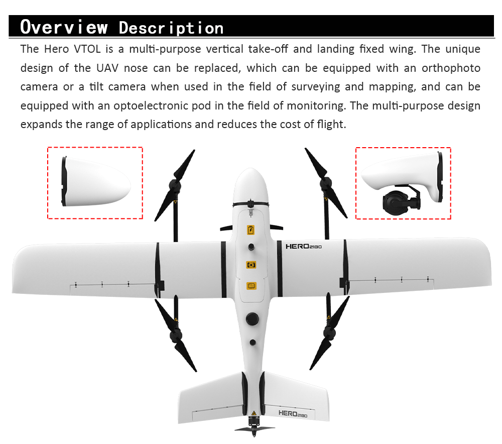 Makeflyeasy HERO VTOL, Hero VTOL: Versatile drone for inspection, surveying, mapping, and monitoring with interchangeable nose designs.