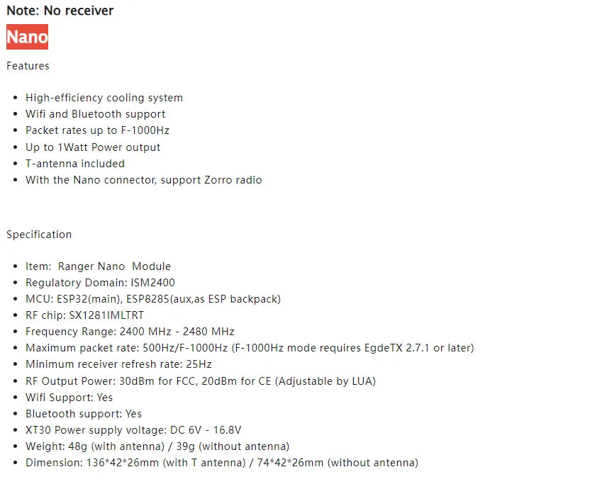 Ranger Nano Module Regulatory Domain: ISM24OO MCU: ESP3Z