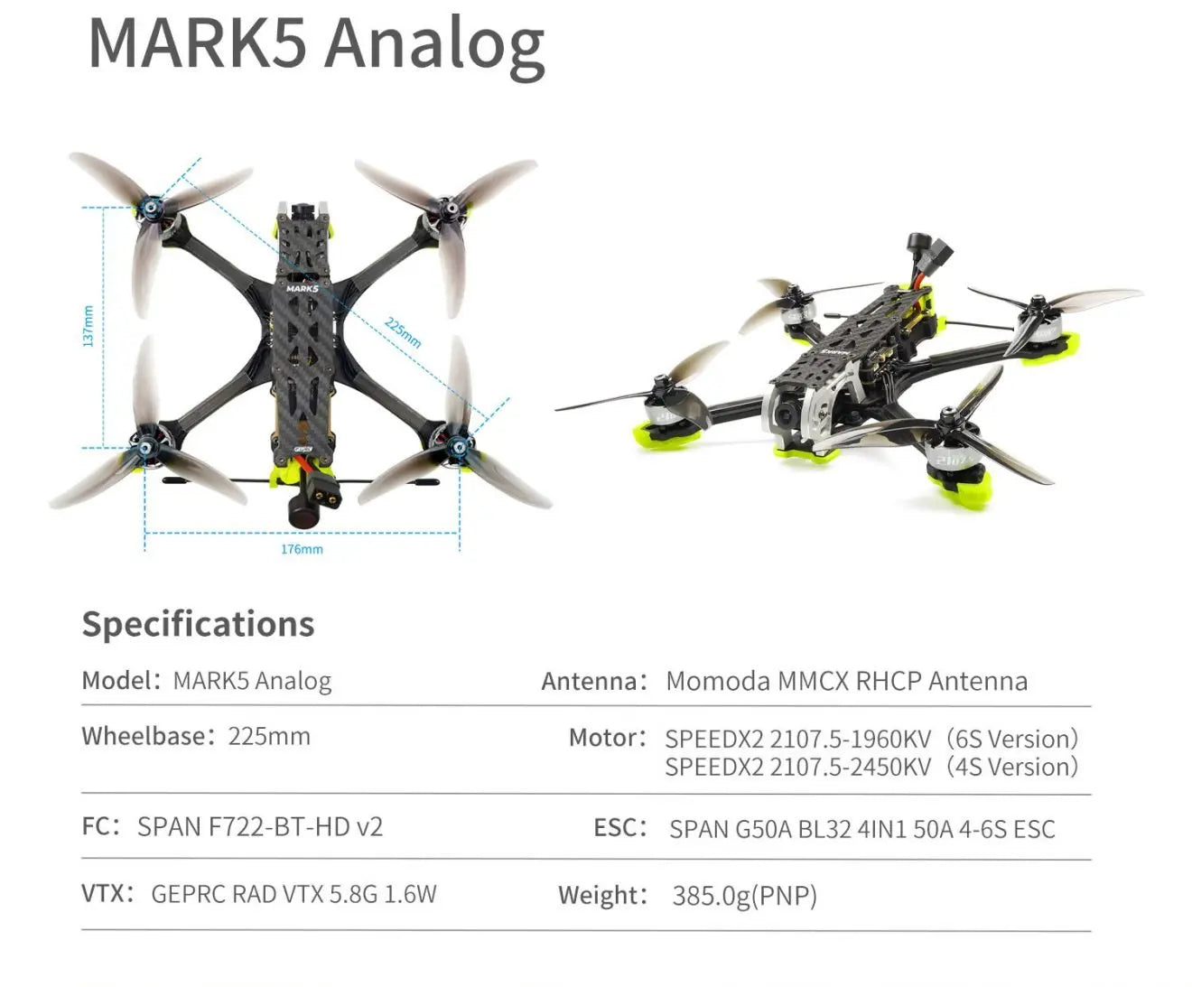 MARK5 HD AVATAR Freestyle FPV Drone, MARKS antenna: Momoda MMCX RHCP Anten