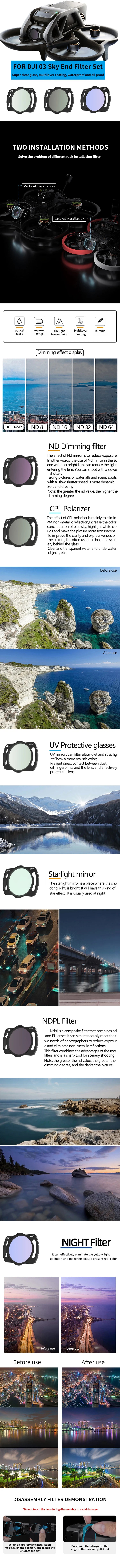 Adjustable Filter for DJI Avata O3 Sky End ND Filter Set - Camera Lens Filter Kit for Filter CPL NDPL MCUV Polarizer Accessories 8 Sky End Filter Set is a clear glass,multilaver coating,waterproof and