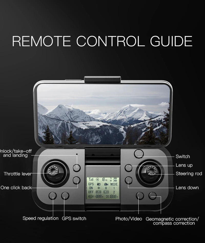 ZD013 Drone, Control your drone with ease using remote control, featuring in-lock and take-off deployment, adjustable lens, throttle lever, and GPS navigation.