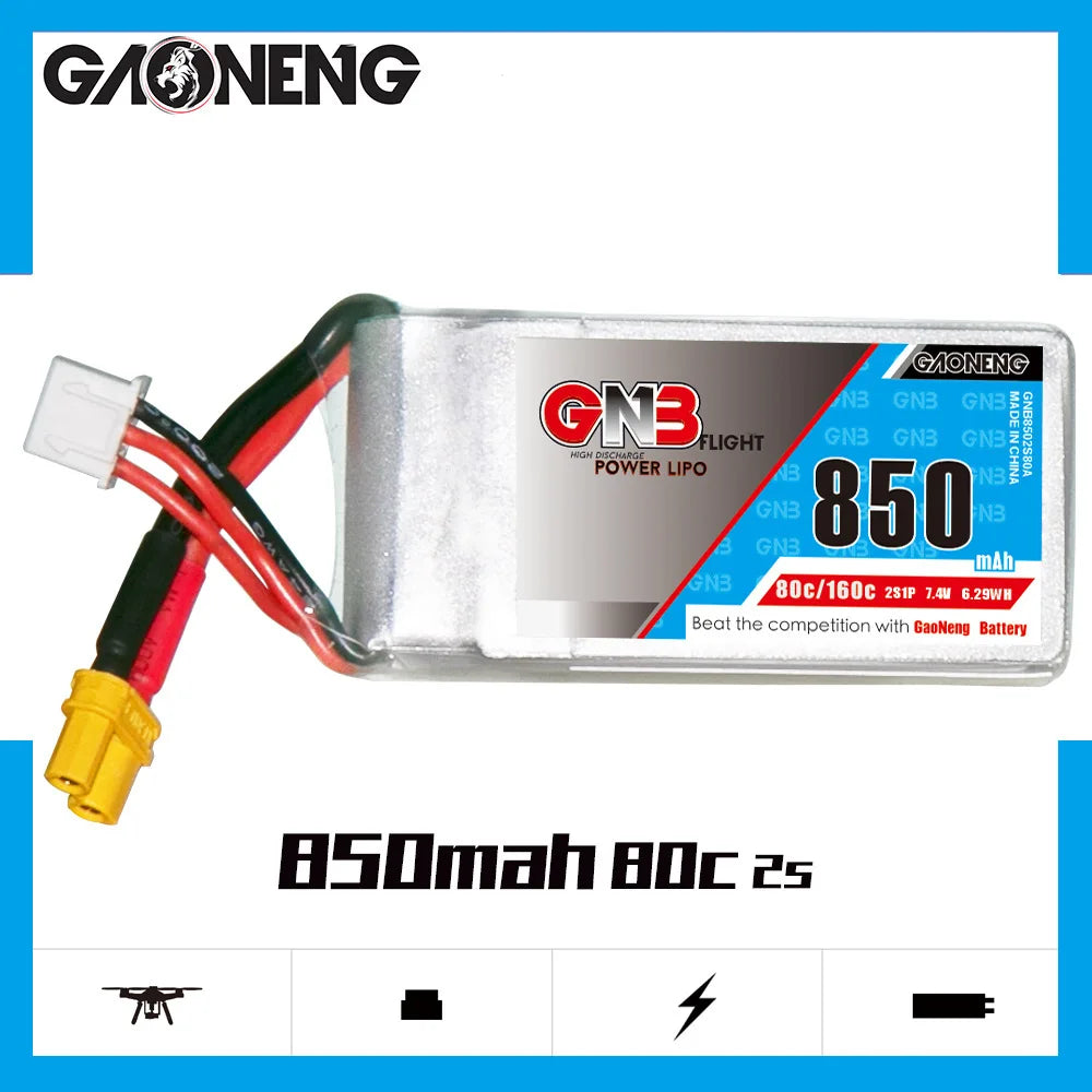 GaoNeng GNB 2S 3S 4S 6S 850mAh 80C LiPo Battery, High-performance lithium-ion batteries for FPV drones with compact design and impressive discharge rate.