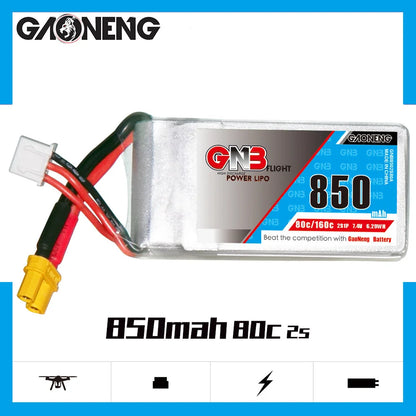 GaoNeng GNB 2S 3S 4S 6S 850mAh 80C LiPo Battery, High-performance lithium-ion batteries for FPV drones with compact design and impressive discharge rate.