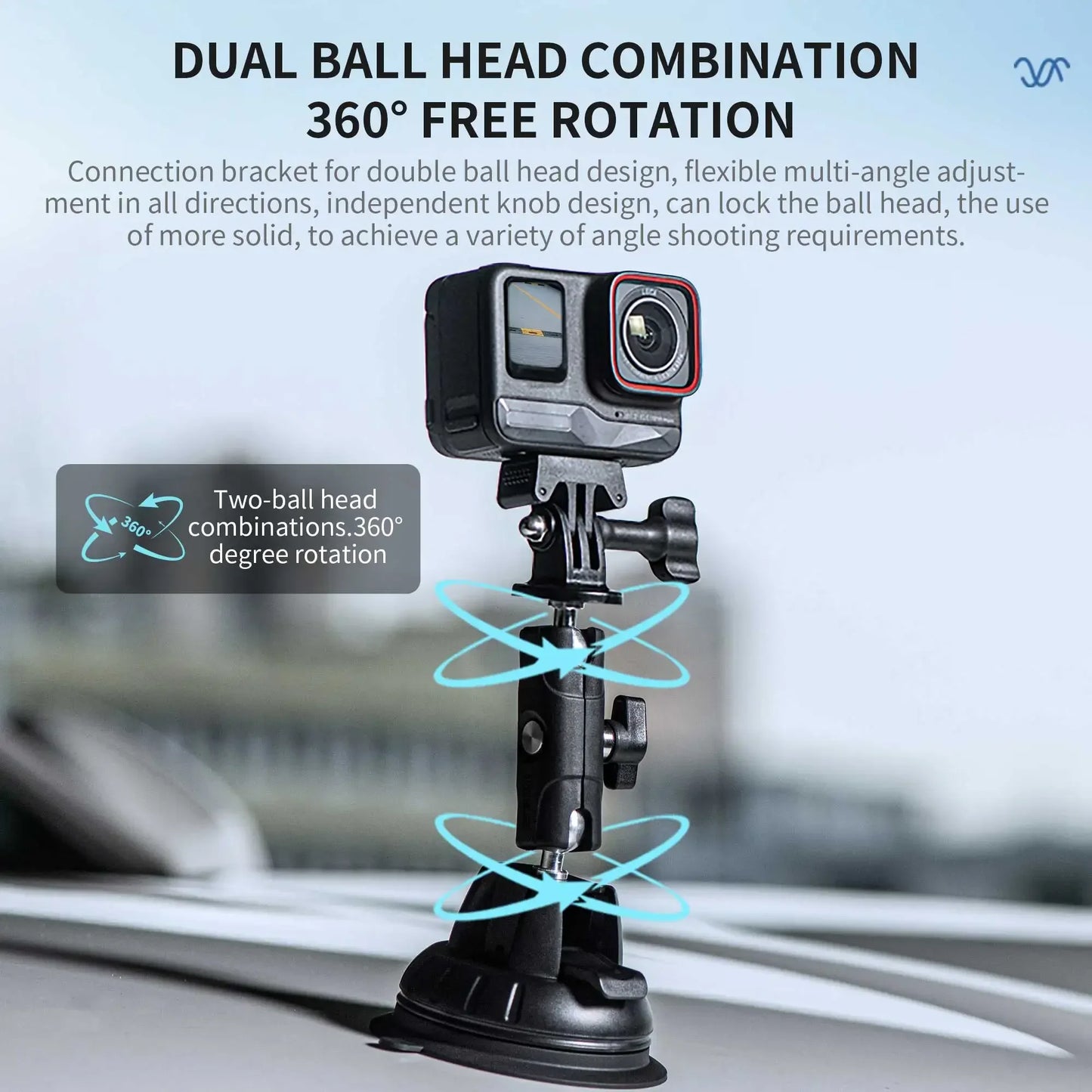 Dual ball head mount offers 360° rotation, multi-angle adjustment, and secure locking with independent knobs, perfect for action cameras.