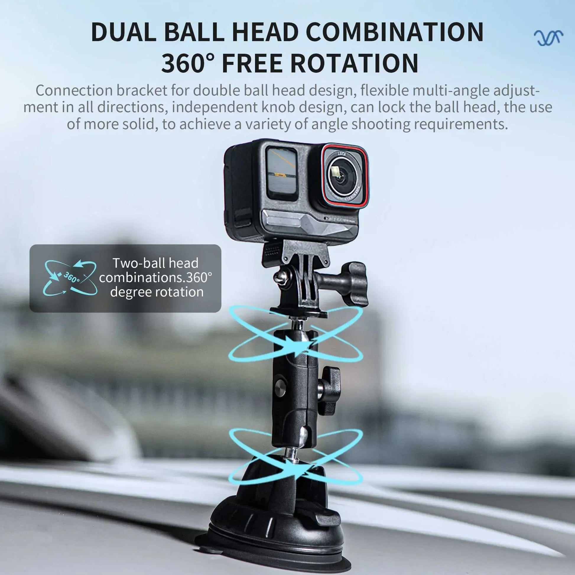 Dual ball head mount offers 360° rotation, multi-angle adjustment, and secure locking with independent knobs, perfect for action cameras.