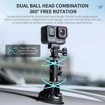 Dual ball head mount offers 360° rotation, multi-angle adjustment, and secure locking with independent knobs, perfect for action cameras.