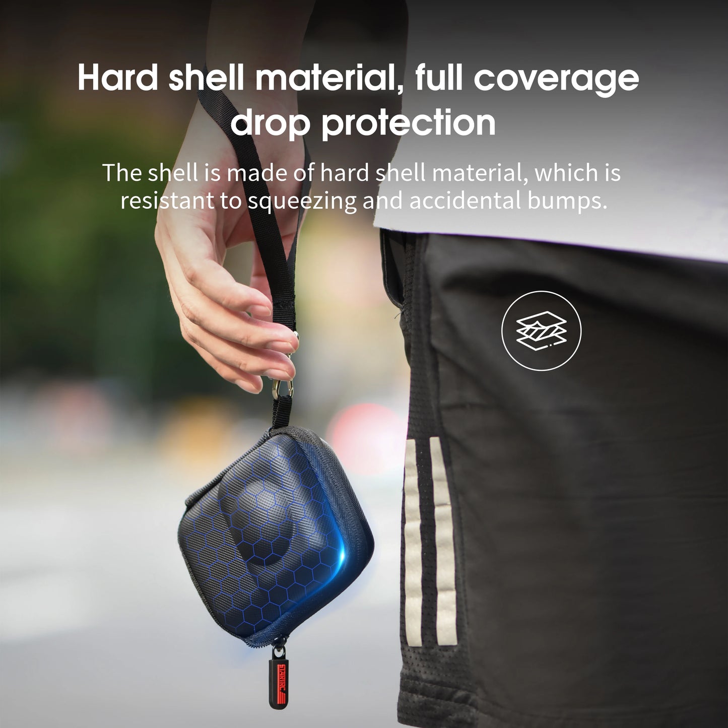 Hard shell case with full coverage drop protection and lanyard.