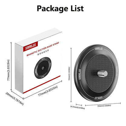 Magnetic suction base stand (55mm x 14.5mm) for Insta360 and GoPro cameras. Compatible with GO3/X4/X3/X2, DJI Action 5 Pro/4. Package: 77x77x20mm.