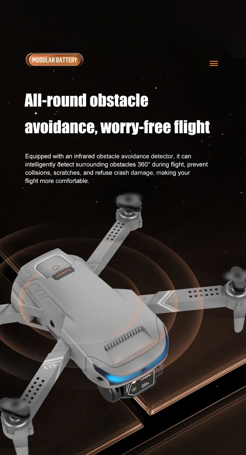 XT9 Mini Drone, modular battery ail-round obstacle avoidance, worry-free