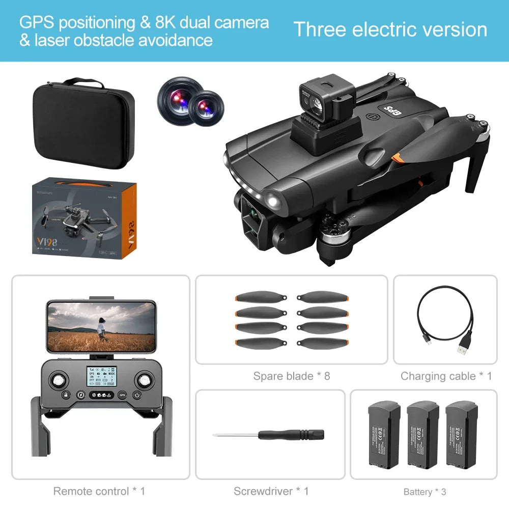 V198 MAX PRO Drone, List of features includes GPS positioning, dual camera, electric version, laser obstacle avoidance, and accessories for easy use.