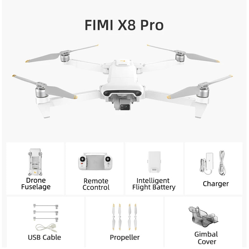 FIMI X8 Pro Camera Drone, Drone accessories include intelligent charger, fuselage control, flight battery, USB cable, and prop cover for easy maintenance.