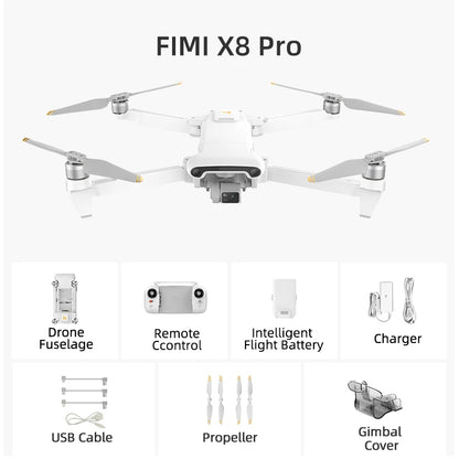 FIMI X8 Pro Camera Drone, Drone accessories include intelligent charger, fuselage control, flight battery, USB cable, and prop cover for easy maintenance.