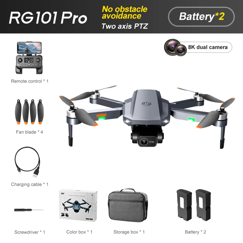 RG101 PRO Drone, Battery*2 Two axis PTZ 8K dual camera 3