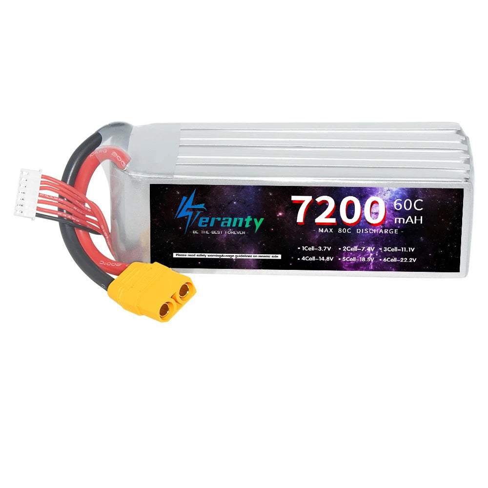 2200-7200-(2).jpg TERANTY 6S 22.2V 7200mAh 60C Lipo Battery, Battery specifications: TERANTY 6S 22.2V 7200mAh 60C Lipo for RC FPV drones with various connectors.