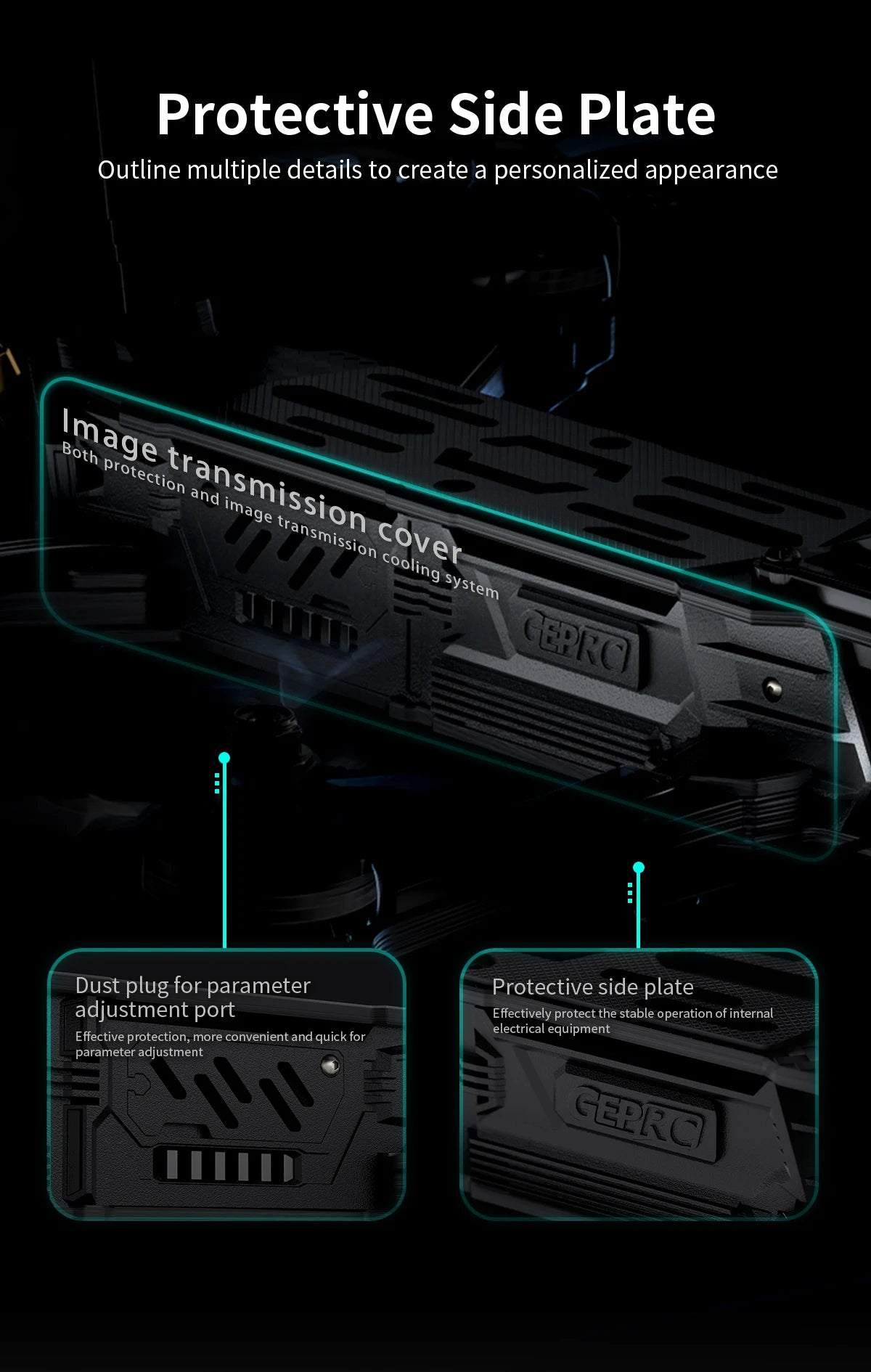 GEPRC MOZ7 Analog - Long Range FPV 7Inch 6S F722-HD-BT Built-in Bluetooth RC Quadcopter LongRange Freestyle Drone Racing Kit 10 GEPRC MOZ7 Analog - Long Range FPV, GEPRC MOZ7 Analog, Protective Side Plate Outline multiple details to create a personalized appearance . Dust plug for