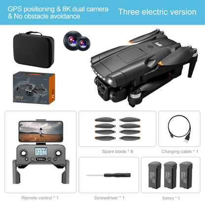 V198 MAX PRO Drone, The product features GPS positioning, an 8K camera, three electric versions, and includes various accessories.