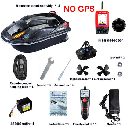 HJ817 RC Fishing Boat, RC fishing boat includes remote, charger, propellers, tools, and fish detector; lacks GPS.