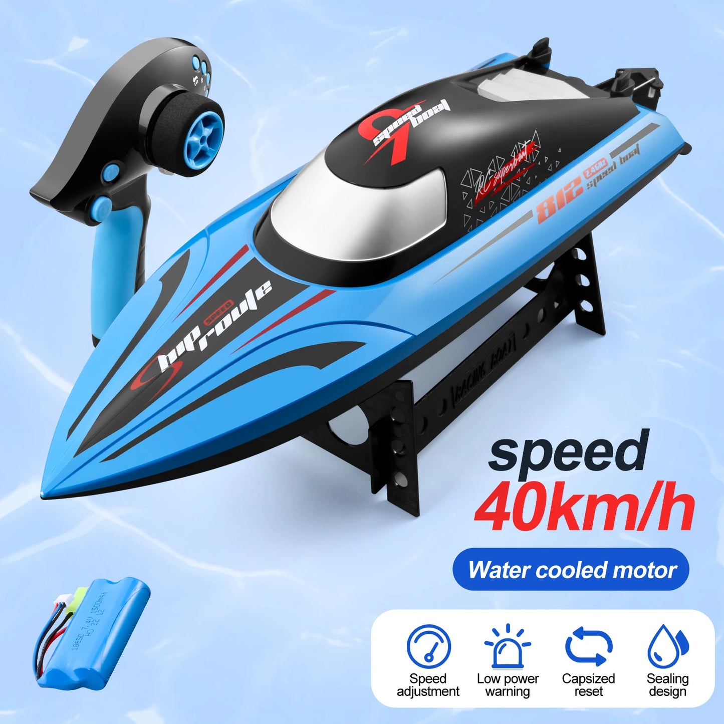 RC Boat, High-speed 40km/h RC boat with water-cooled motor, self-righting and waterproof design for durable, fast aquatic performance.