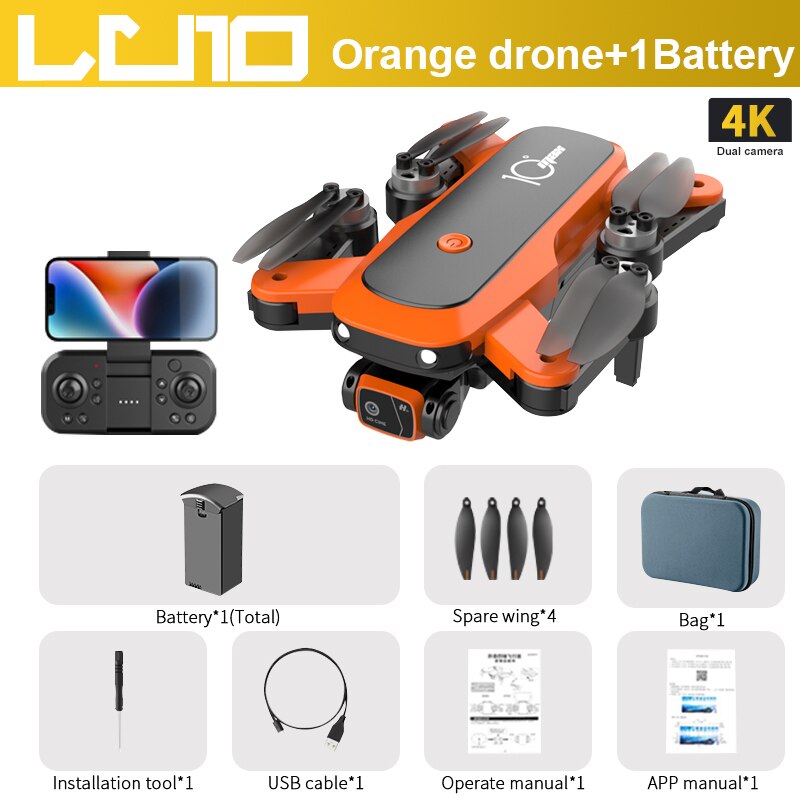 LU10 Drone, orange drone+1Battery 4K Dual camera Battery" 1(