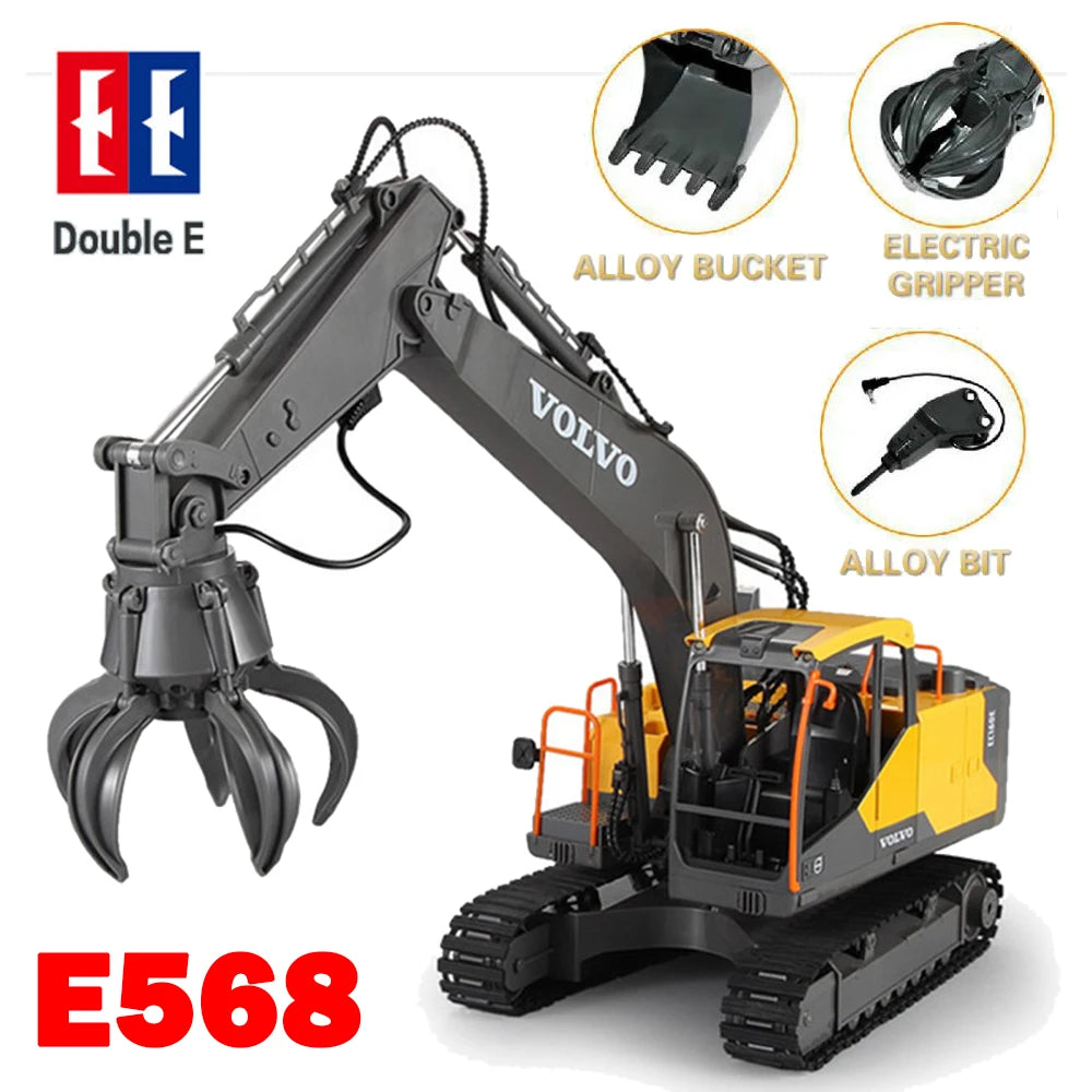 Double E E568 RC excavator features alloy bucket, gripper, and drill for realistic remote-controlled construction play. Durable design with detailed functionality ideal for hobbyists and kids.