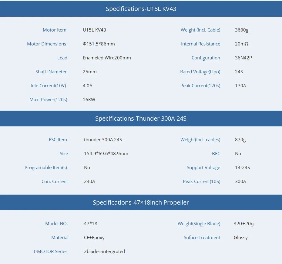T-MOTOR U15L KV43 Motor - 60KG Thrust 16KW 50V 100V Brushless MotorFor Heavy Lifting Drone 11 T-MOTOR, 3600g Motor Dimensions 0151.5*86mm Internal Resistance 20mn Lead E