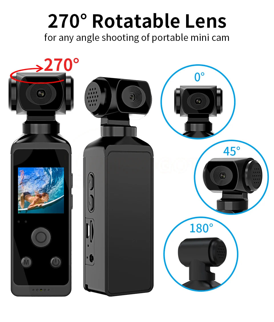 4K HD Pocket Action Camera, 270v rotatable lens for any angle shooting of portable mini cam 22708